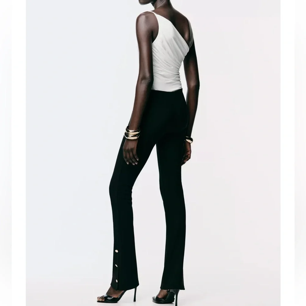Zara NWT black gold button flare hem detail legging pants